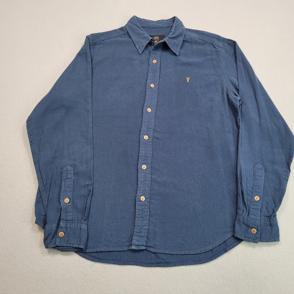 Frye Mens Long Sleeve Button Down Shirt Blue Twill Cotton Large Logo